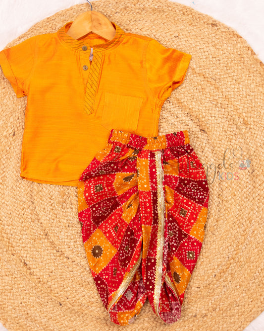 Ready to Ship: Yellow Silk Cotton Short Kurta with Anchoring Detailing and Printed Red Dhoti with Lace Borders