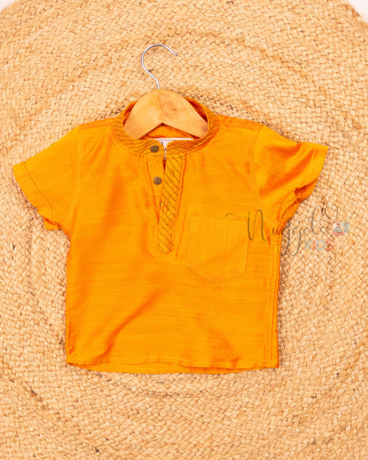 Ready to Ship: Orange Silk Cotton Short Kurta with Anchoring Detailing and Printed Green Dhoti with Lace Borders