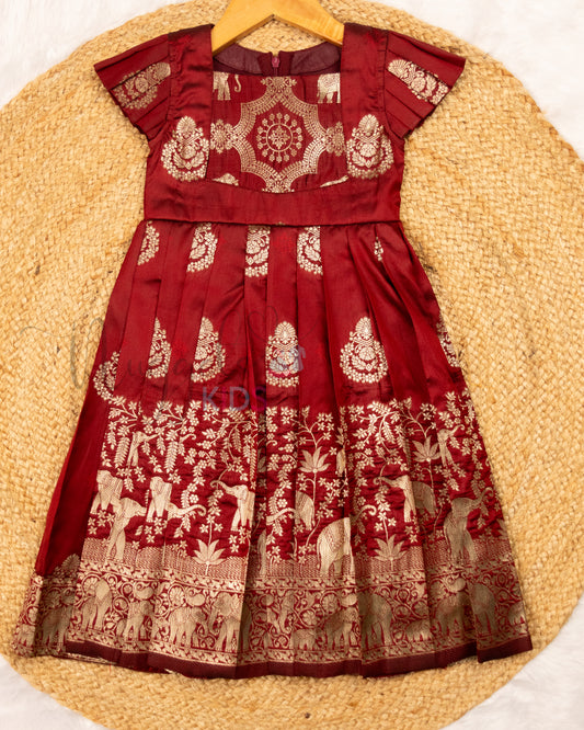 Ready to Ship: Maroon Banarasi Semi Silk frock with patch work designer yoke and pleated cap sleeves