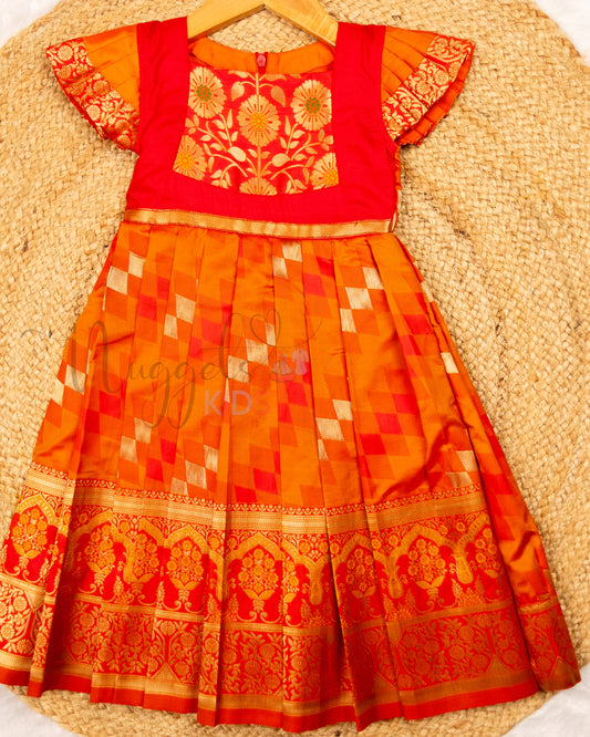 Ready to Ship: Red and Orange Banarasi Semi Silk frock with patch work designer yoke and pleated cap sleeves