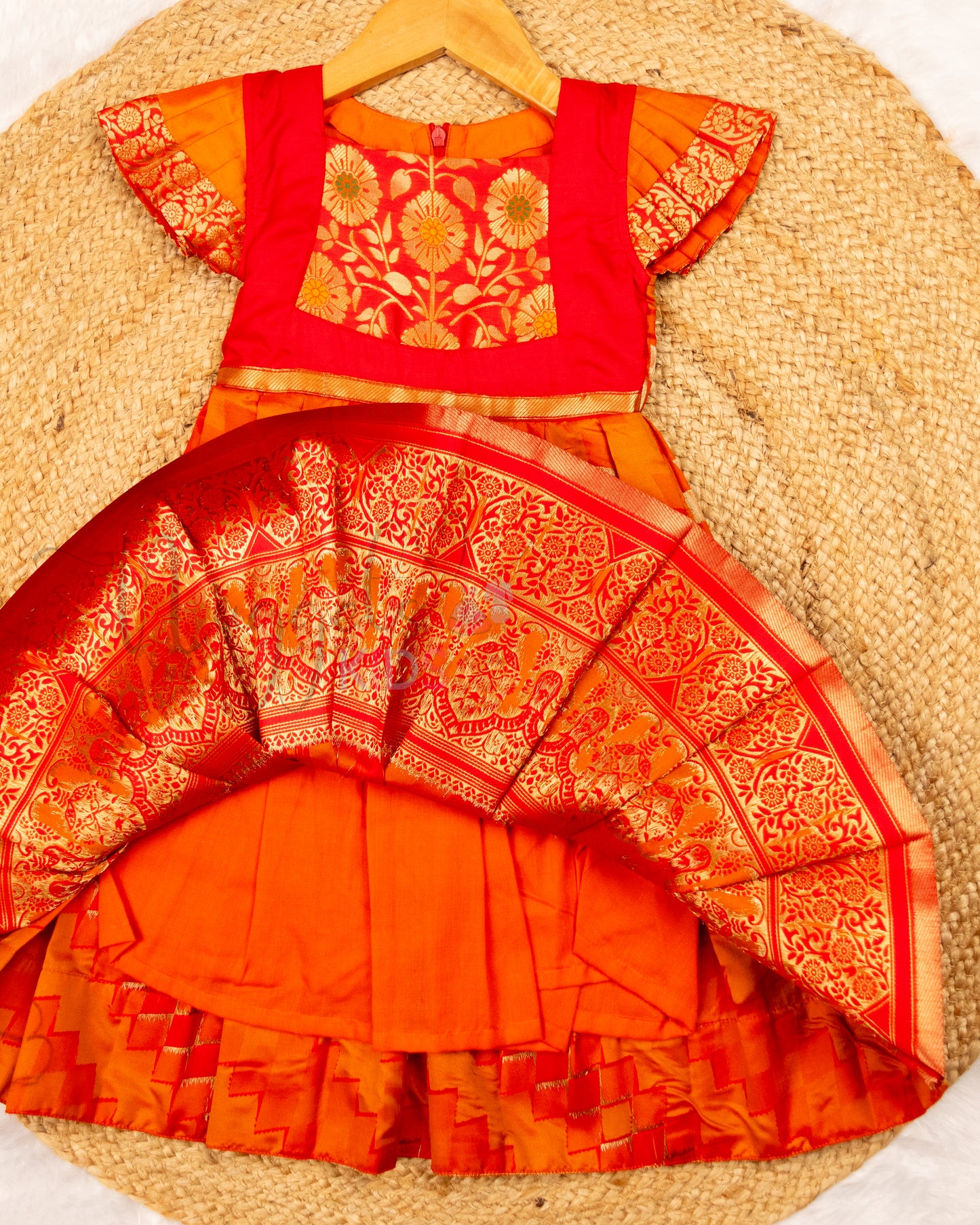 Ready to Ship: Red and Orange Banarasi Semi Silk frock with patch work designer yoke and pleated cap sleeves