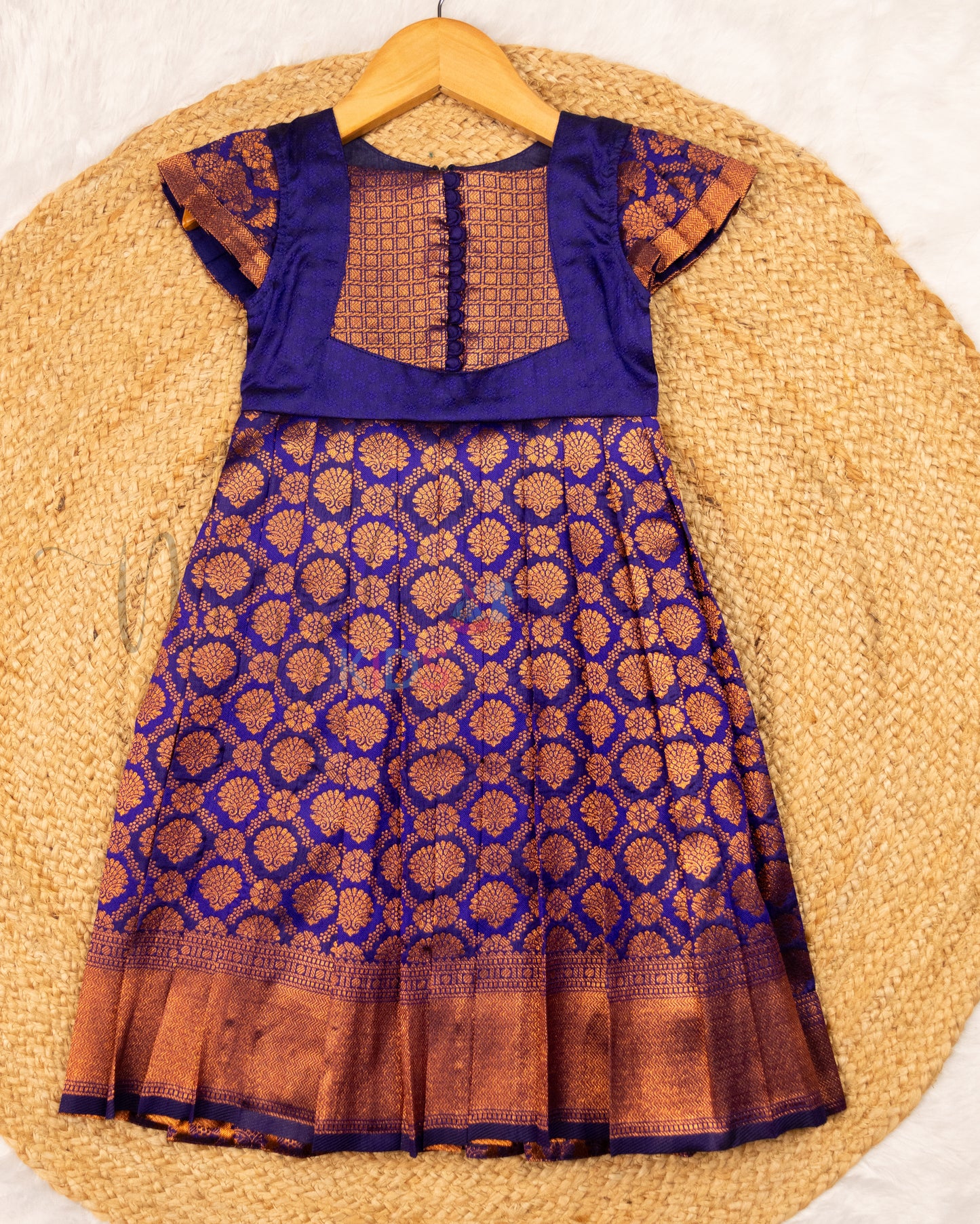 Ready to Ship: Blue Banarasi Semi Silk frock with patch work designer yoke, Potli button and pleated cap sleeves