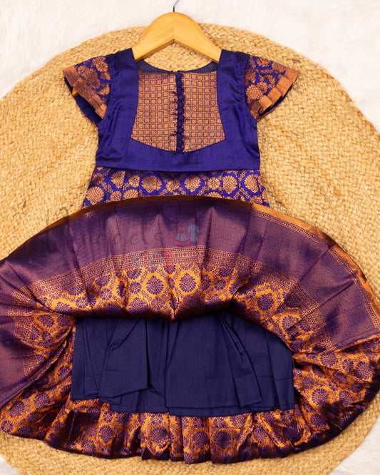 Ready to Ship: Blue Banarasi Semi Silk frock with patch work designer yoke, Potli button and pleated cap sleeves