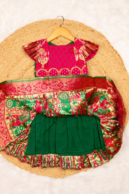 Ready to Ship: Green & Pink Banarasi Semi Silk frock with patch work designer yoke and pleated cap sleeves