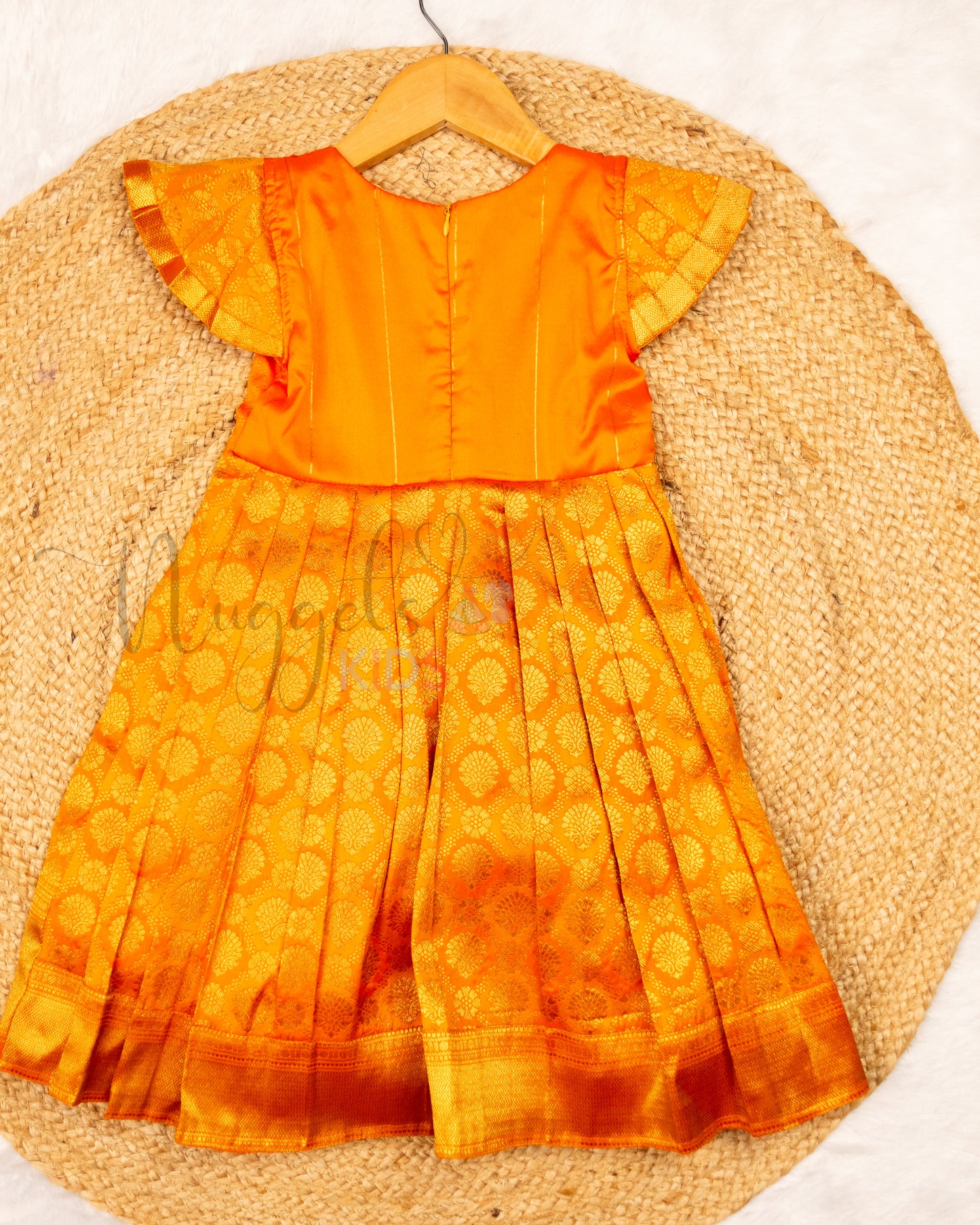 Ready to Ship: Orange Banarasi Semi Silk frock with patch work designer yoke, Potli button and pleated cap sleeves