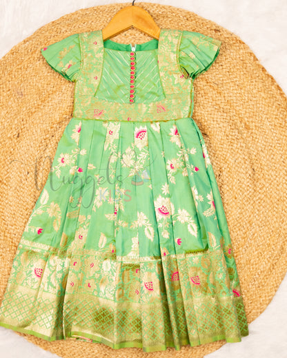 Ready to Ship:  Pista Green Banarasi Semi Silk frock with patch work designer yoke and cap sleeves