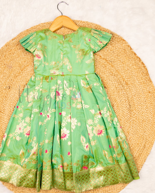 Ready to Ship: Pista Green Banarasi Semi Silk frock with patch work designer yoke and cap sleeves