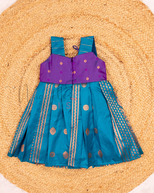 Ready to Ship: Blue and Violet Sleeveless Butter Semi Silk frock with attached Scalloped Jacket