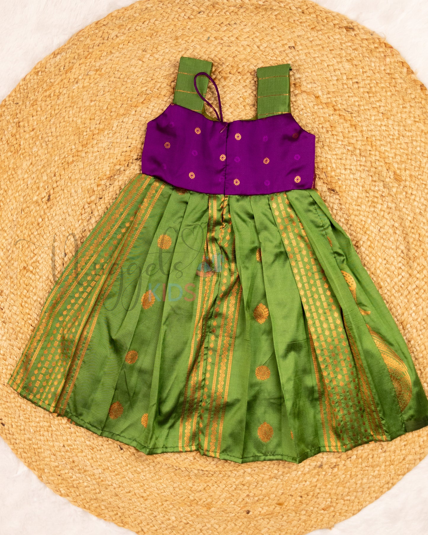 Ready to Ship: Green and Violet Sleeveless Butter Semi Silk frock with attached Scalloped Jacket