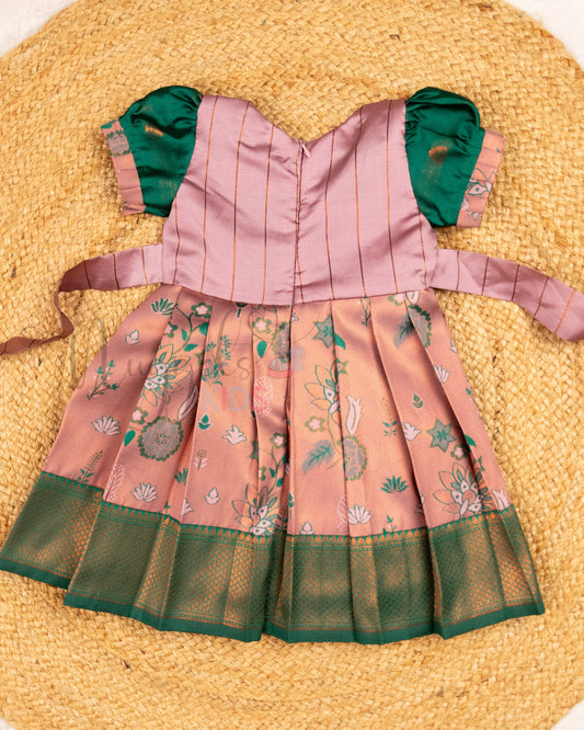 Ready to Ship: Dusky Pink and Dark Green Kanchi Meenakari Semi Silk frock with patch work yoke, big zari borders and puff sleeves with pleated ends