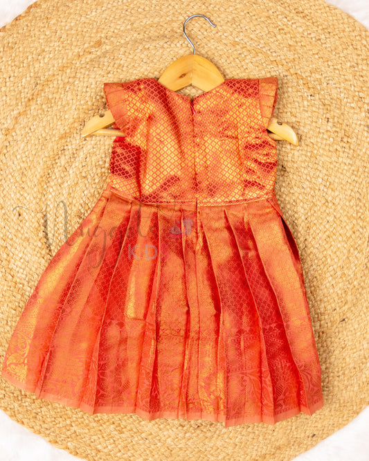 Ready to Ship: Tomato Pink Banarasi Semi Silk Frock with Ruffle Sleeves