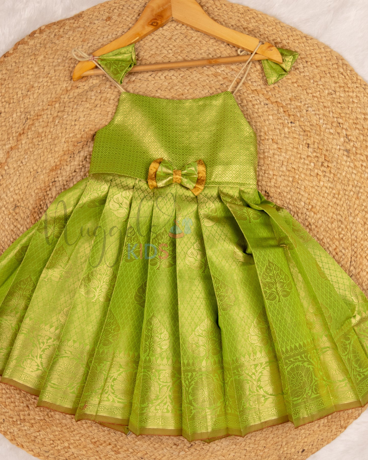 Ready to Ship: Green Banarasi Semi Silk Tie up Frock with double bow