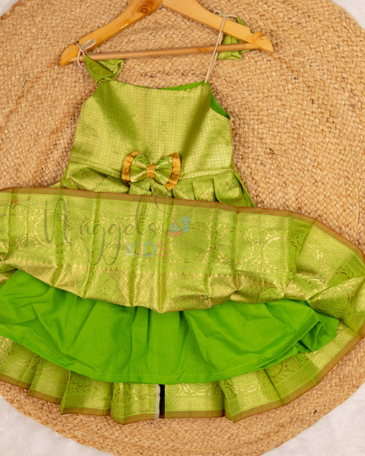 Ready to Ship: Green Banarasi Semi Silk Tie up Frock with double bow