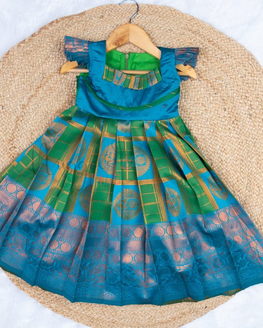 Ready to Ship: Blue and Green Checks Kanchi Meenakari Semi Silk frock with patch work pleated yoke (Blue), big zari borders and ruffle sleeves