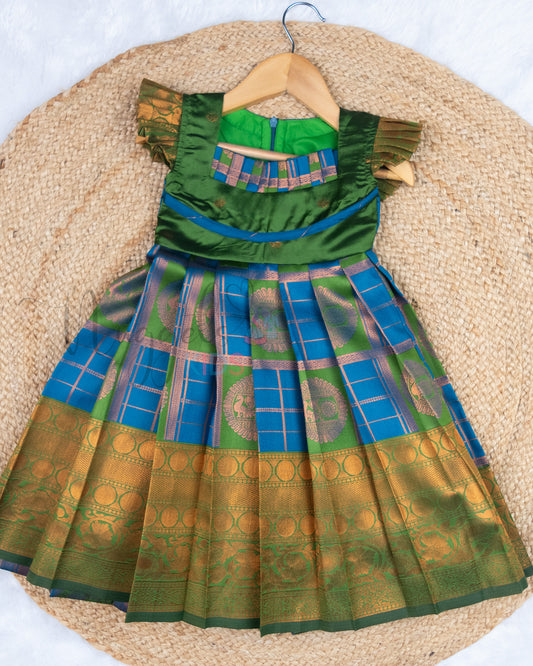 Ready to Ship: Blue and Green Checks Kanchi Meenakari Semi Silk frock with patch work pleated yoke (Green), big zari borders and ruffle sleeves