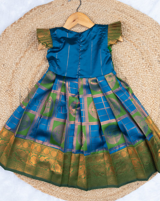 Ready to Ship: Blue and Green Checks Kanchi Meenakari Semi Silk frock with patch work pleated yoke (Green), big zari borders and ruffle sleeves