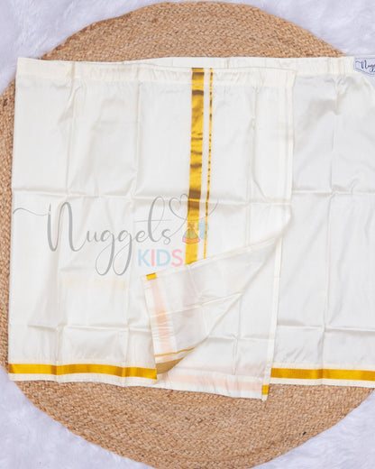 Ready to Ship: Off-white Double Layered Semi Silk Veshti with Golden Weaving Border