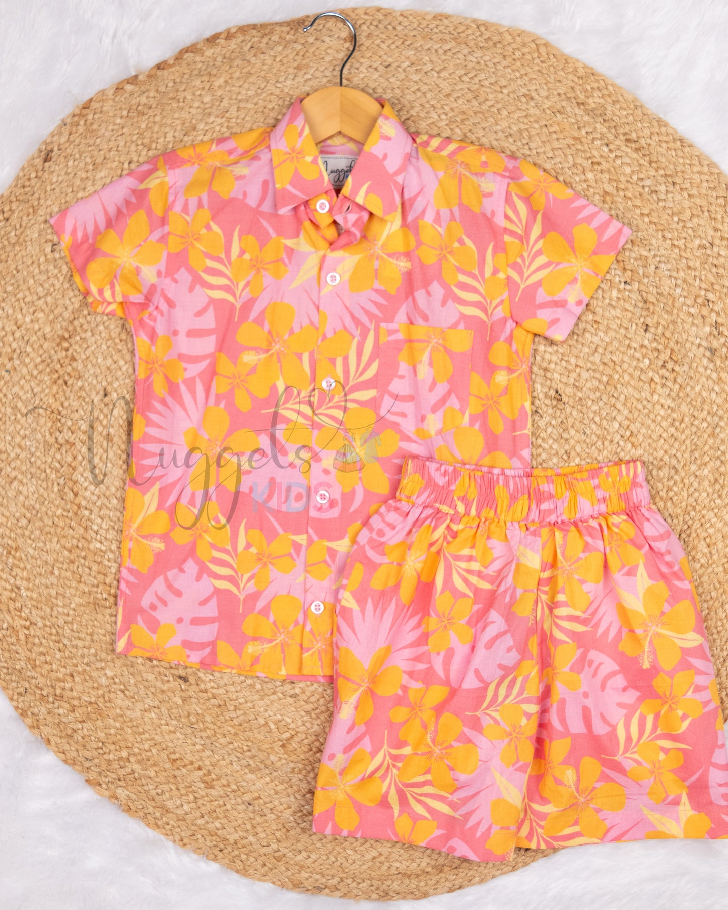 Ready to Ship: Peach Leaves Printed Cambric Cotton Co-ord Set