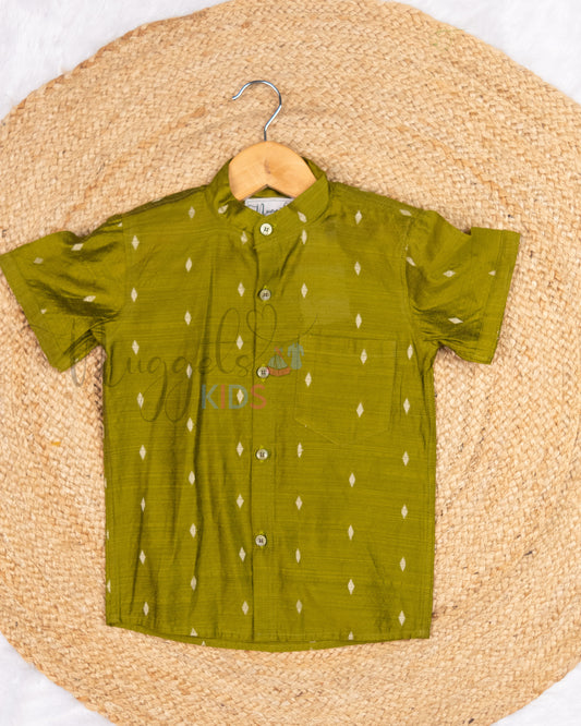 Ready to Ship: Elaichi Green Butta Silk Shirt with Front Pocket