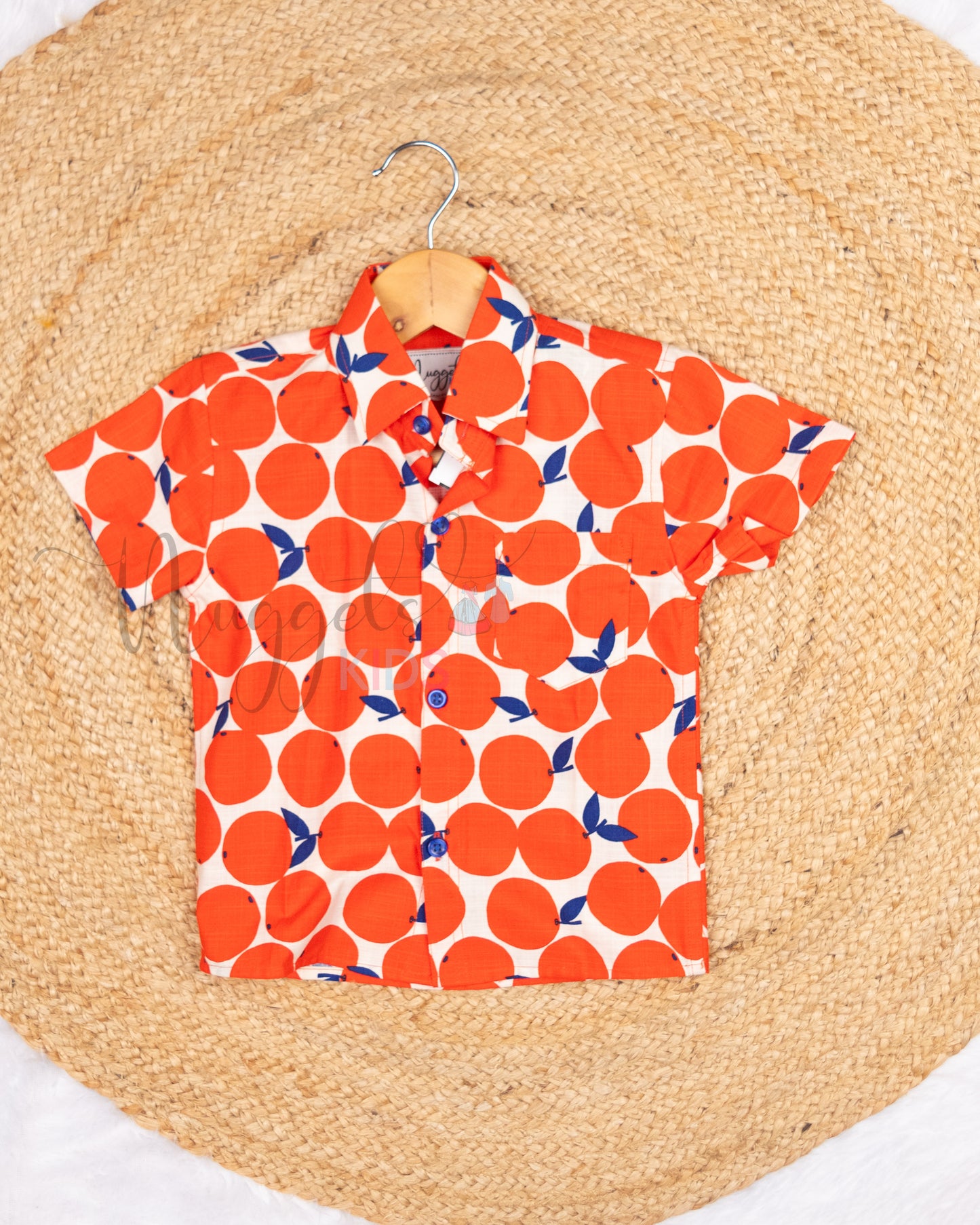 Ready to Ship: Oranges Printed Linen Cotton Shirt with Front Pocket