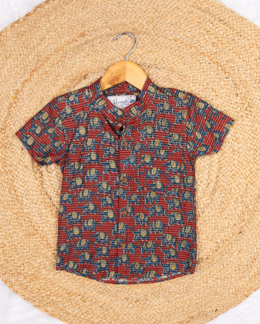 Ready to Ship: Red Elephants Printed Katha Cotton Shirt with Front Pocket