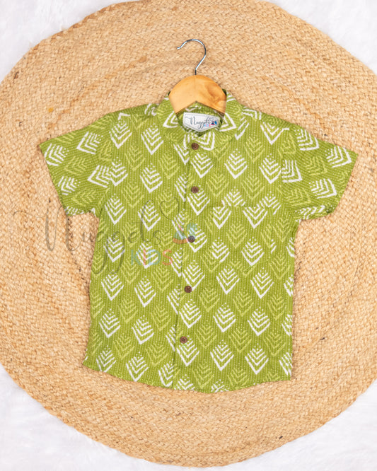 Ready to Ship: Green Printed Katha Cotton Shirt with Front Pocket