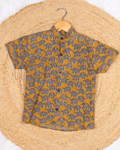 Ready to Ship: Mustard Elephants Printed Katha Cotton Shirt with Front Pocket