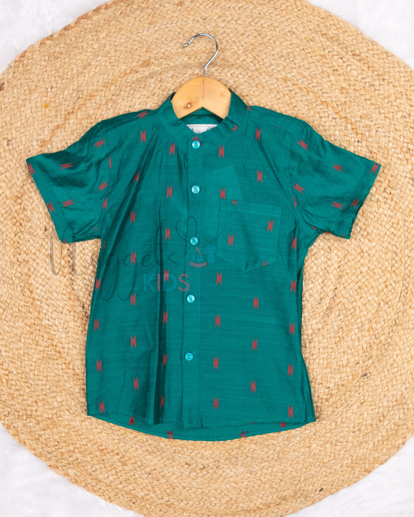 Ready to Ship: Peacock Green Butta Silk Shirt with Front Pocket