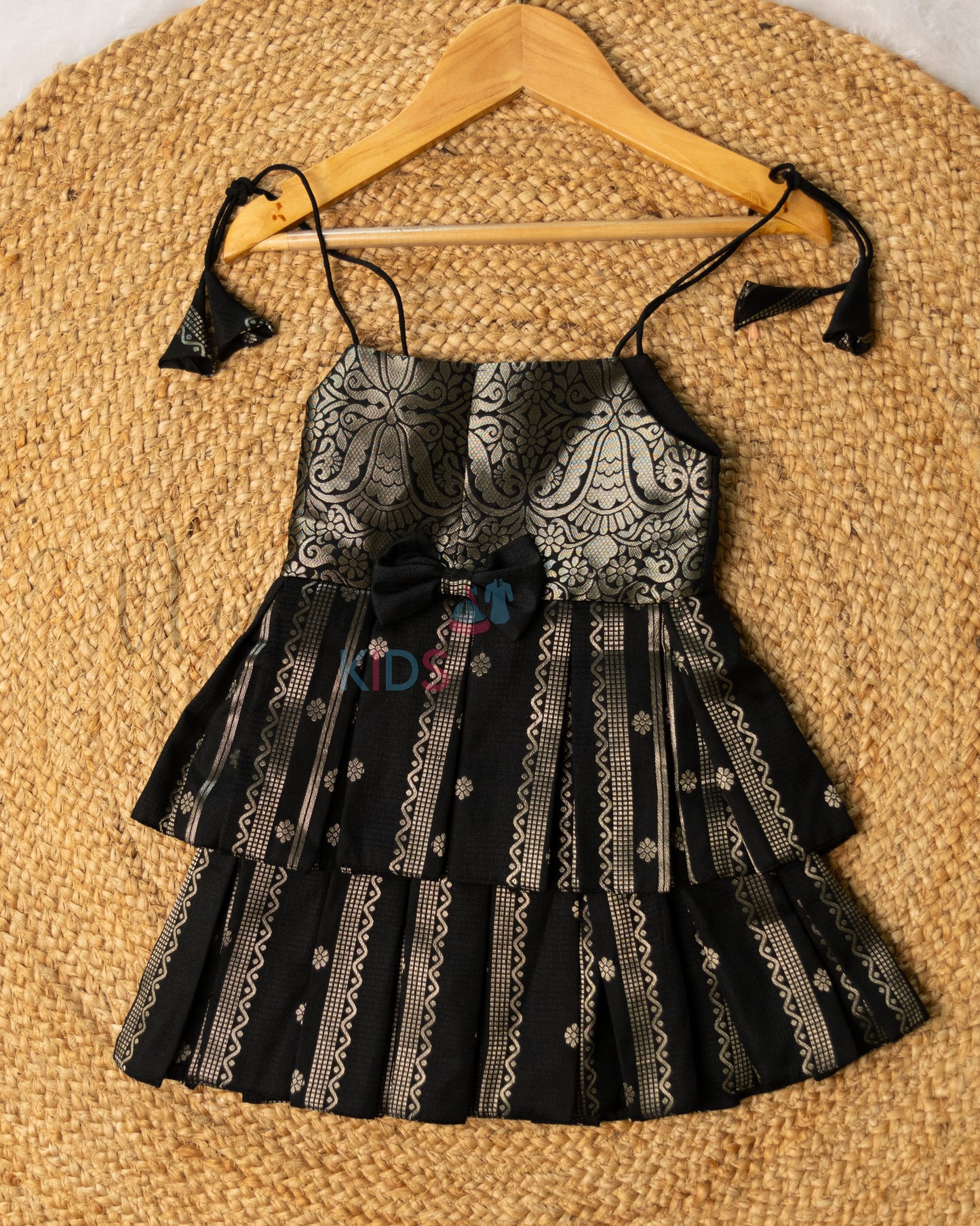 Ready to Ship: Black Premium Kanchi Double layer Semi Silk  Tie-up Frock with Bow Detailing