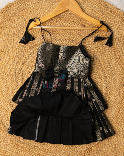 Ready to Ship: Black Premium Kanchi Double layer Semi Silk  Tie-up Frock with Bow Detailing