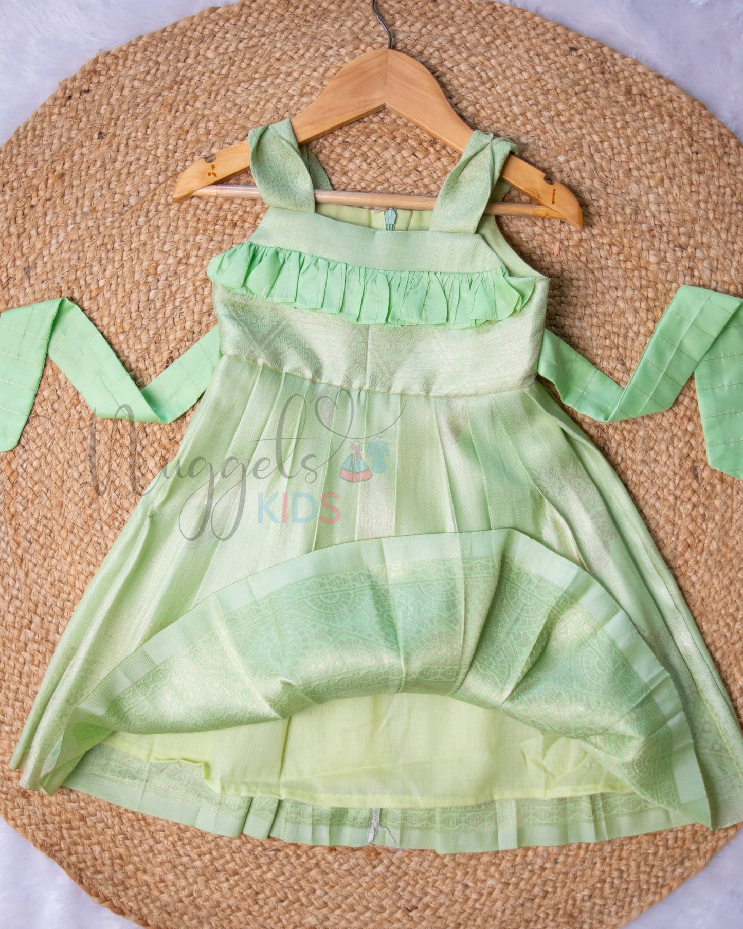 Ready to Ship:  Pista Green Semi Silk Frock with Ruffle Yoke and Designer Strap Sleeve