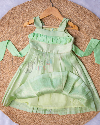 Ready to Ship:  Pista Green Semi Silk Frock with Ruffle Yoke and Designer Strap Sleeve