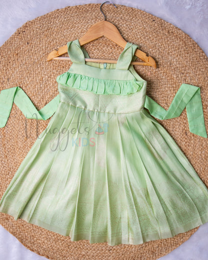 Ready to Ship:  Pista Green Semi Silk Frock with Ruffle Yoke and Designer Strap Sleeve