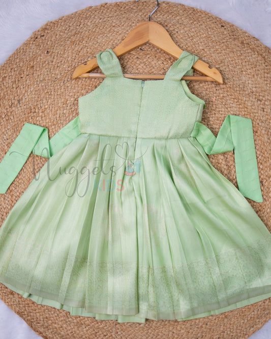 Ready to Ship: Pista Green Semi Silk Frock with Ruffle Yoke and Designer Strap Sleeve