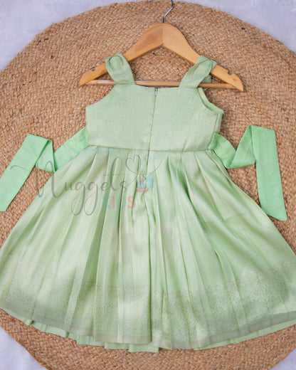 Ready to Ship:  Pista Green Semi Silk Frock with Ruffle Yoke and Designer Strap Sleeve