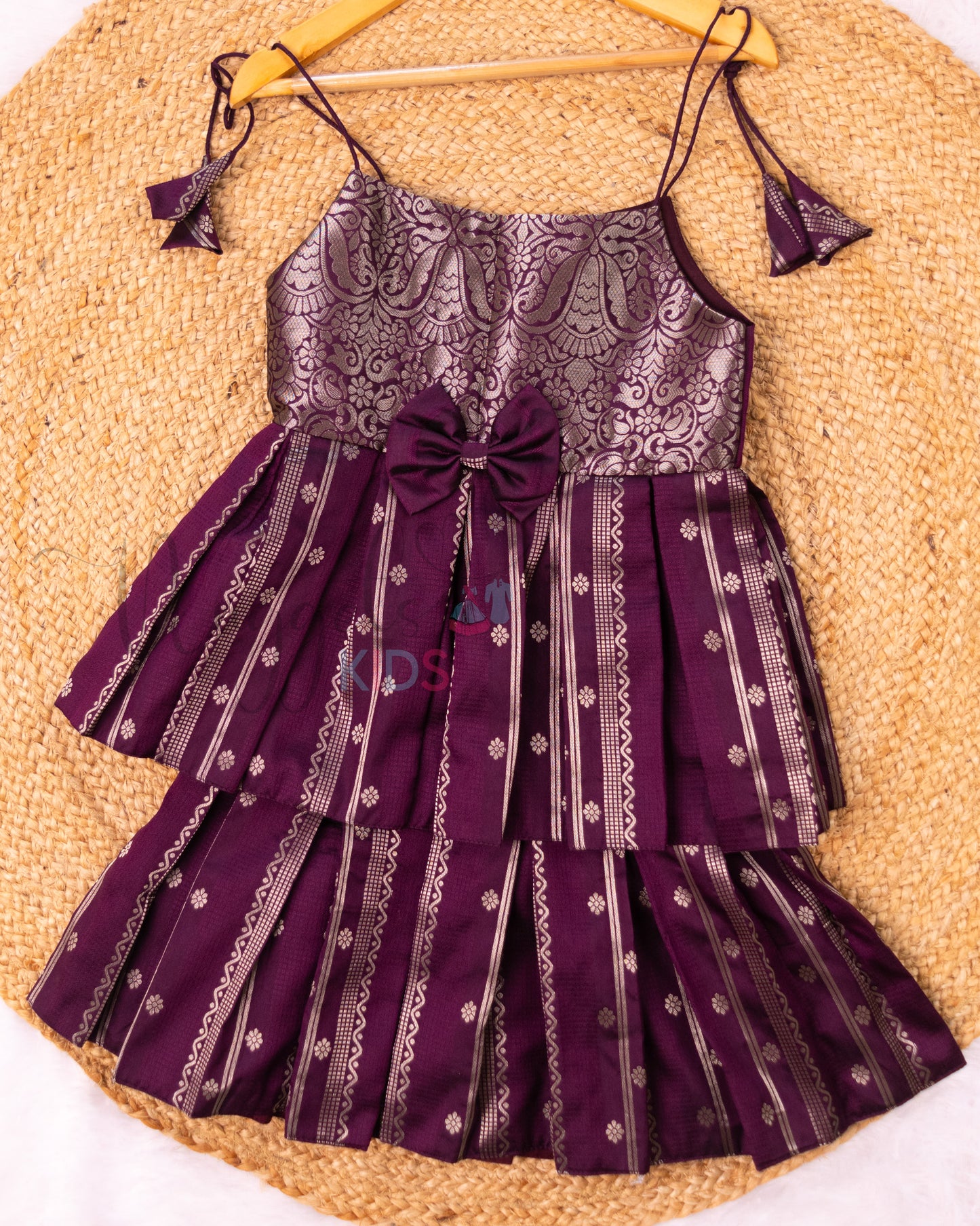 Ready to Ship: Deep Violet Premium Kanchi Double layer Semi Silk  Tie-up Frock with Bow Detailing