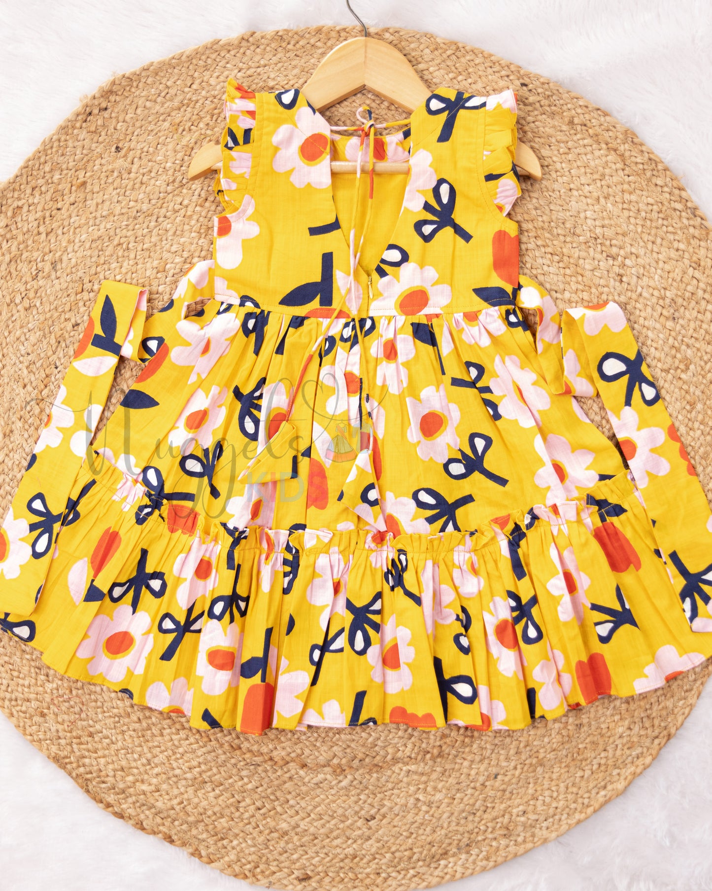 Ready to Ship: Pop Yellow Linen Cotton Frock in two tiers with short flutter sleeves