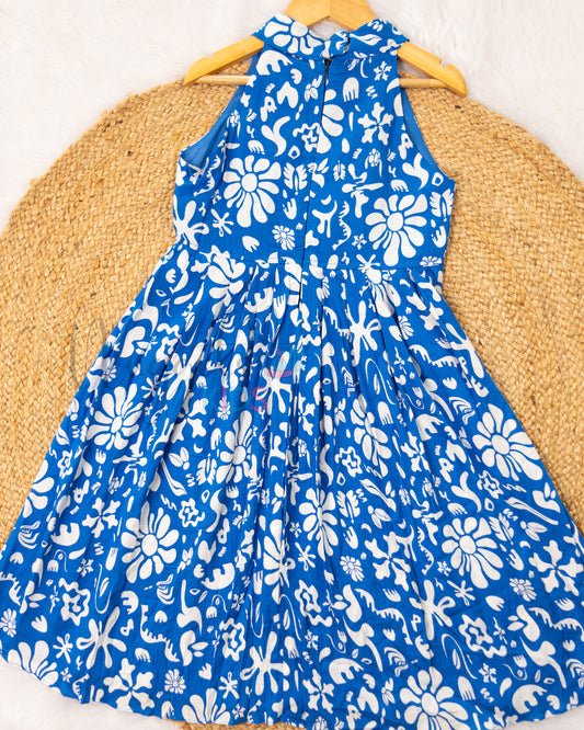 Ready to Ship: Royal Blue Floral Halter neck Frock with Designer flap and Intricate pleats