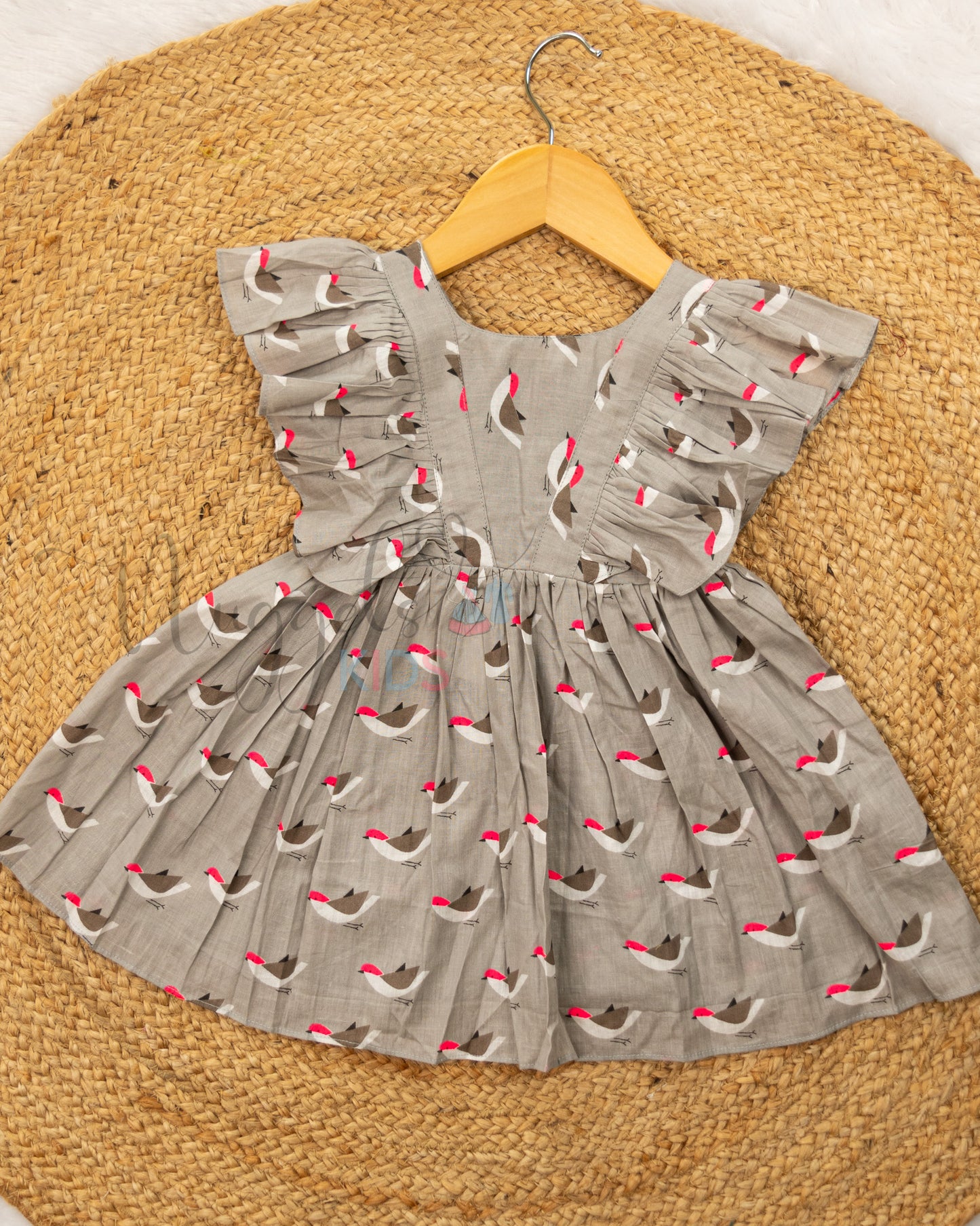 Ready to Ship: Ruffle winged digital cotton frock with beautiful bird prints and a deep V back neck