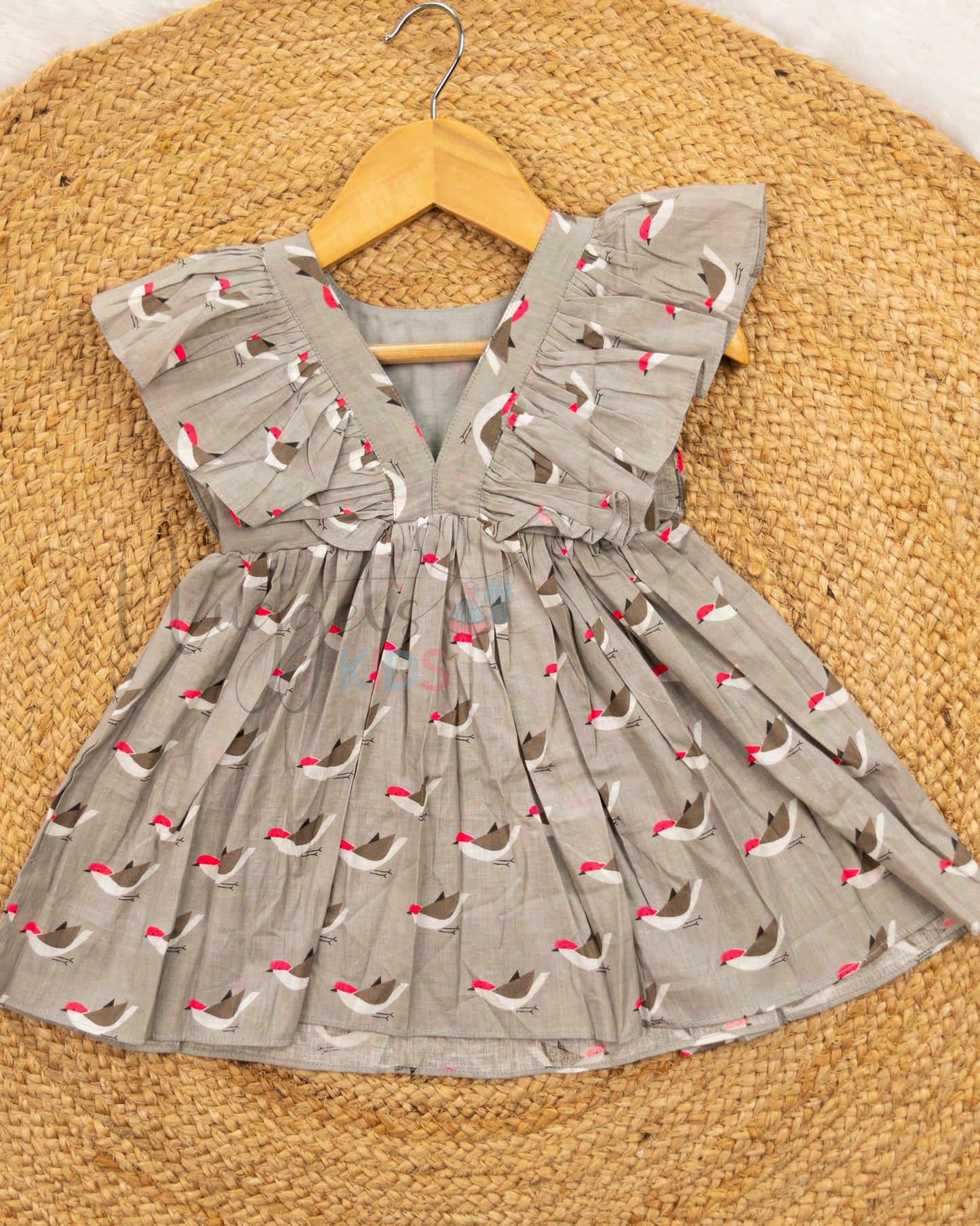 Ready to Ship: Ruffle winged digital cotton frock with beautiful bird prints and a deep V back neck