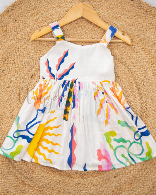 Ready to Ship: Off-white Sunset Themed Sleeveless Frock with Sweetheart Neckline