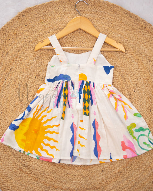 Ready to Ship: Off-white Sunset Themed Sleeveless Frock with Sweetheart Neckline