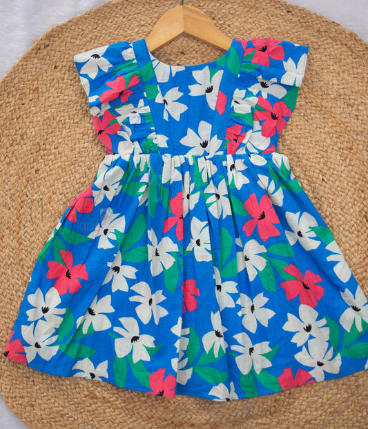 Ready to Ship: Blue Floral Ruffle Sleeves Linen Cotton Frock And V Neck Back