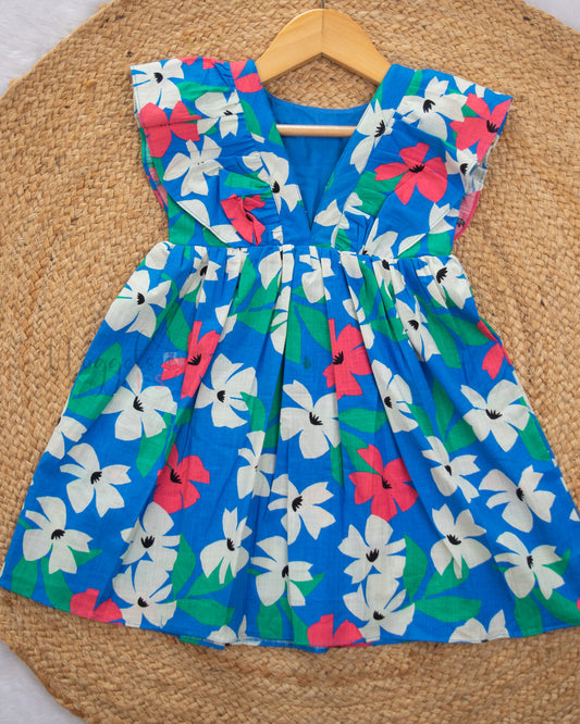 Ready to Ship: Blue Floral Ruffle Sleeves Linen Cotton Frock And V Neck Back