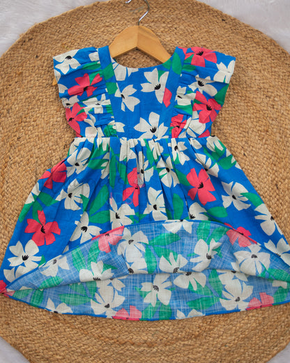 Ready to Ship: Blue Floral Ruffle Sleeves Linen Cotton Frock And V Neck Back