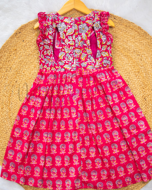 Ready to Ship: Pink Floral Printed One Shoulder Cotton Frock with Floral frill detailing