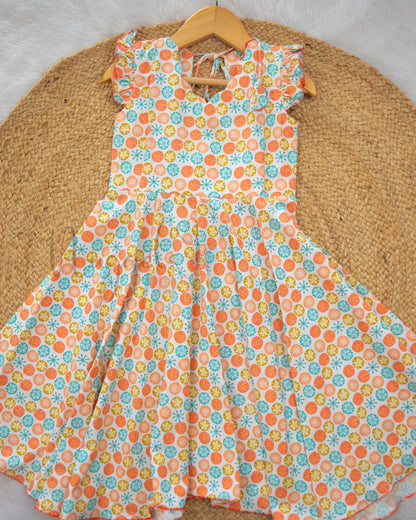 Ready to Ship: White and Orange Scallop Neck A Line Flex Cotton Frock