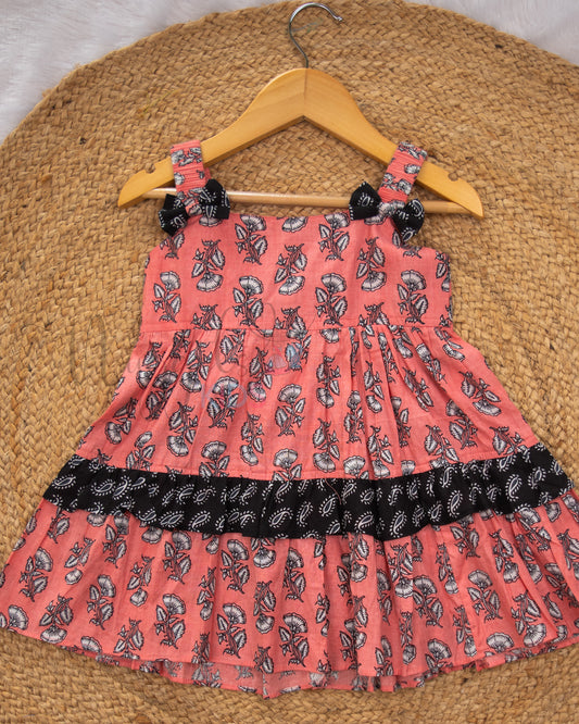Ready to Ship: Peach and Black Layered Sleeveless Frock with Elasticated Strap, bow and frill detailing