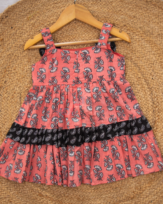 Ready to Ship: Peach and Black Layered Sleeveless Frock with Elasticated Strap, bow and frill detailing