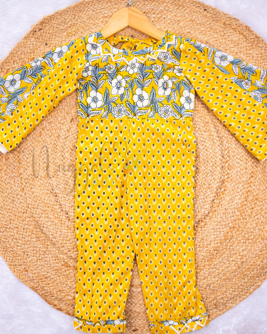 Ready to Ship: Yellow Cotton Jumpsuit with cape sleeves and designer yoke and hem